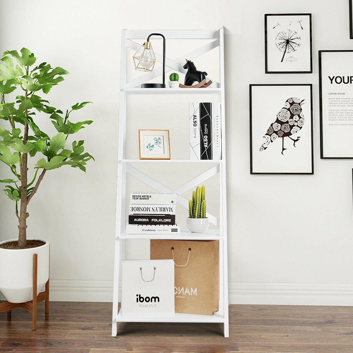 4-tier Leaning Free Standing Ladder Shelf Bookcase-White Kids Crystal