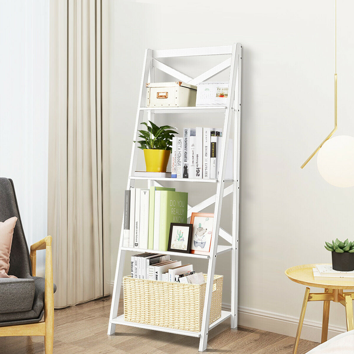 4-tier Leaning Free Standing Ladder Shelf Bookcase-White Kids Crystal