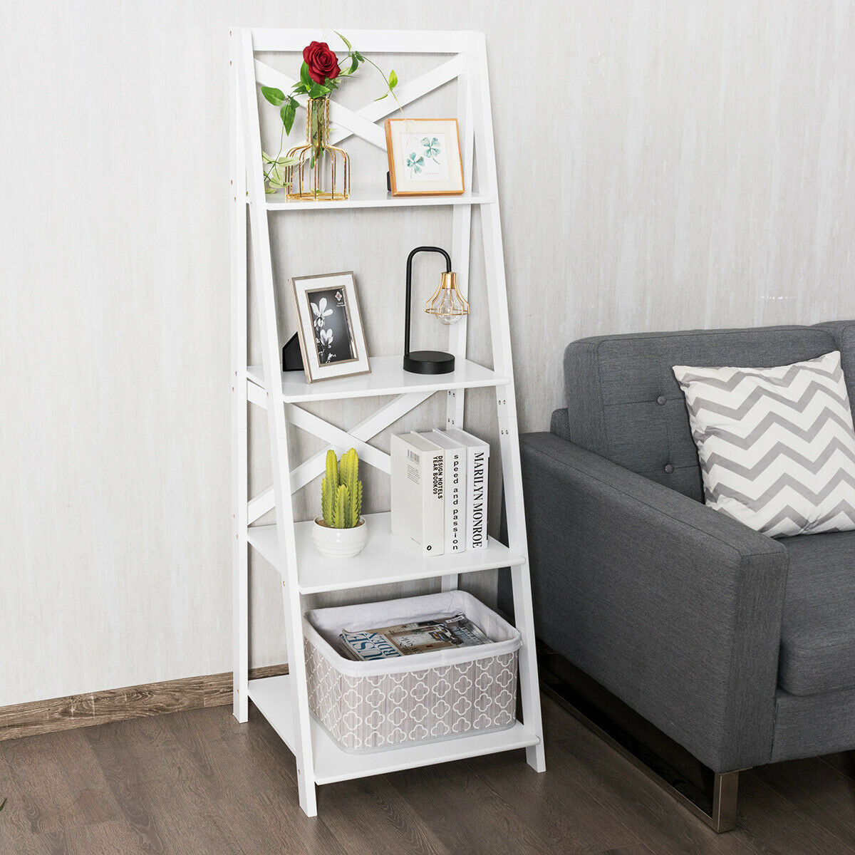 4-tier Leaning Free Standing Ladder Shelf Bookcase-White Kids Crystal