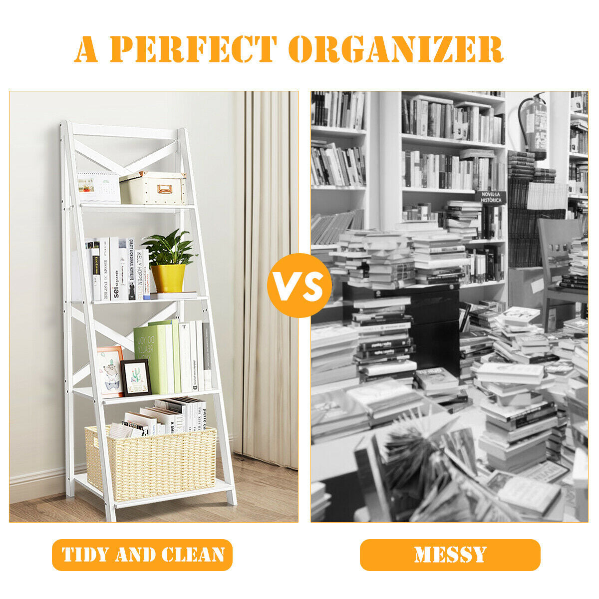 4-tier Leaning Free Standing Ladder Shelf Bookcase-White Kids Crystal