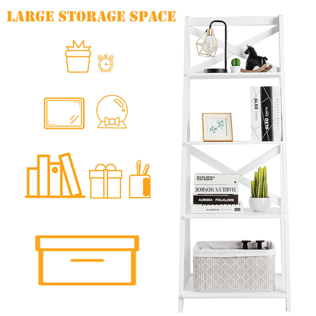 4-tier Leaning Free Standing Ladder Shelf Bookcase-White Kids Crystal