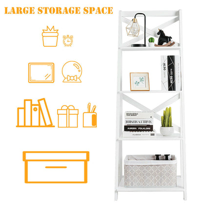 4-tier Leaning Free Standing Ladder Shelf Bookcase-White