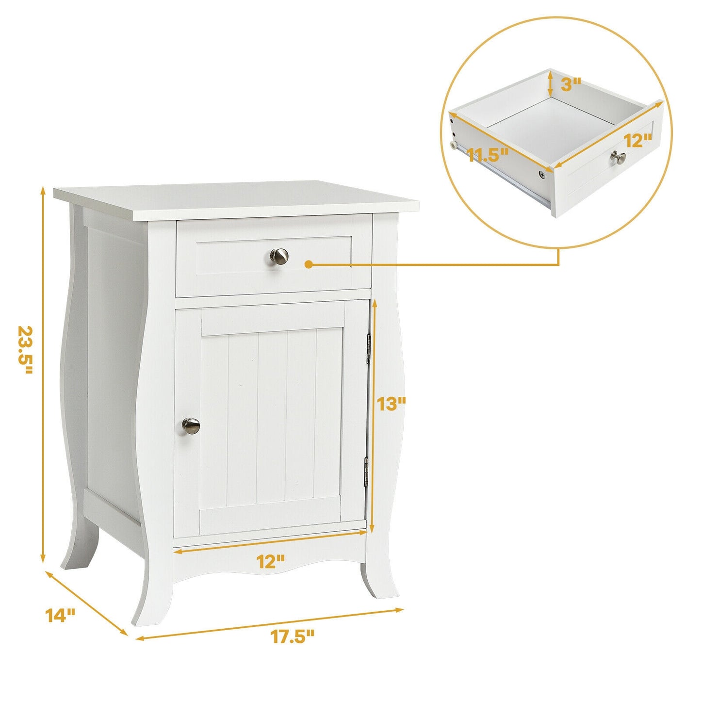 Wooden Accent End Table with Drawer Storage Cabinet Nightstand-White Kids Crystal