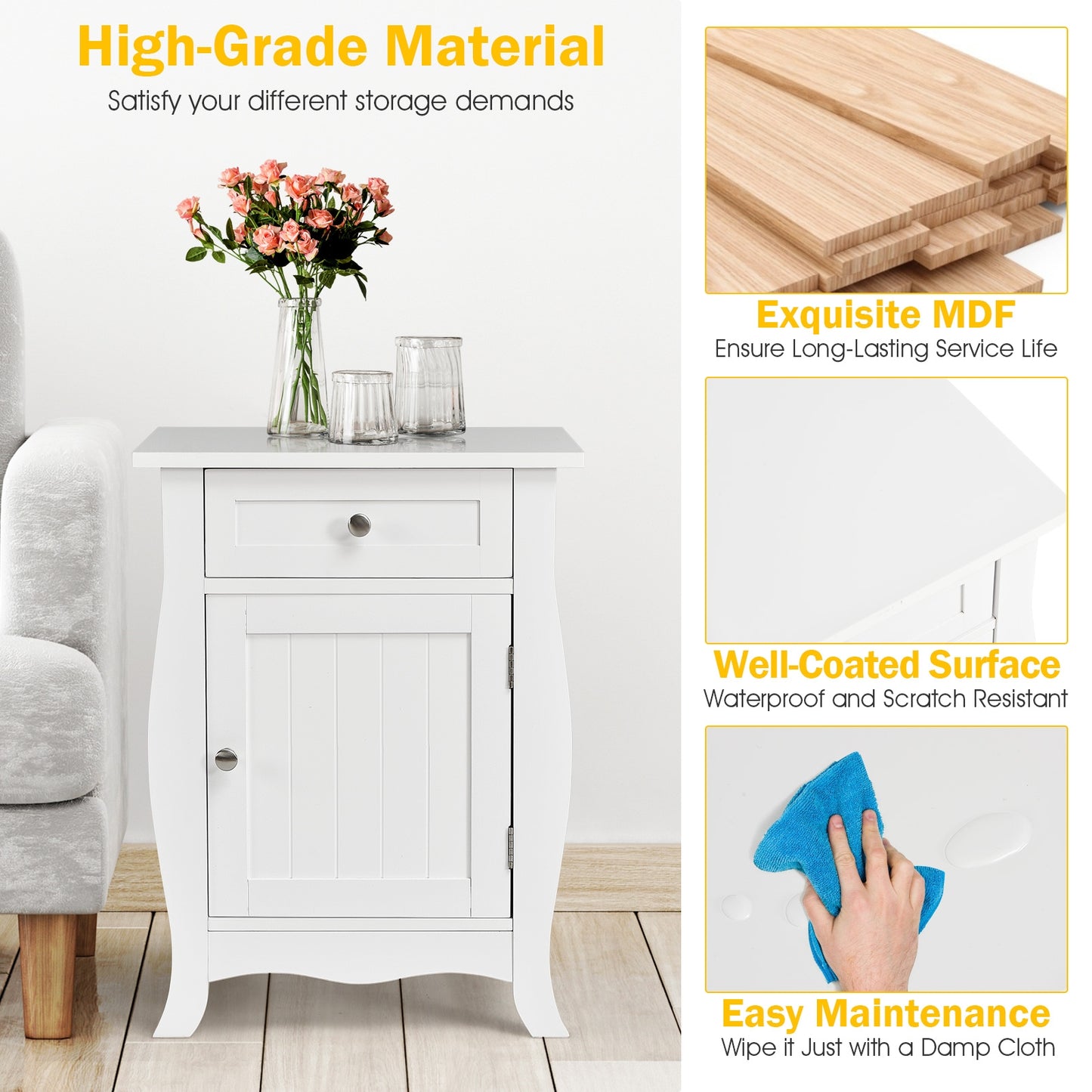 Wooden Accent End Table with Drawer Storage Cabinet Nightstand-White Kids Crystal