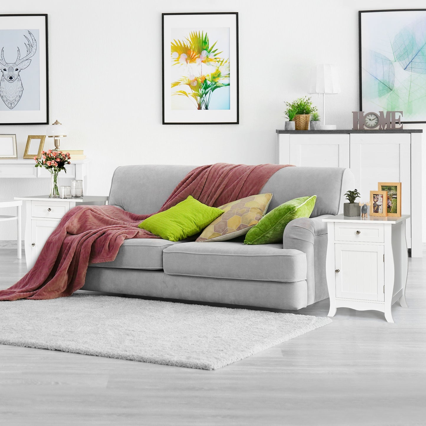 Wooden Accent End Table with Drawer Storage Cabinet Nightstand-White Kids Crystal