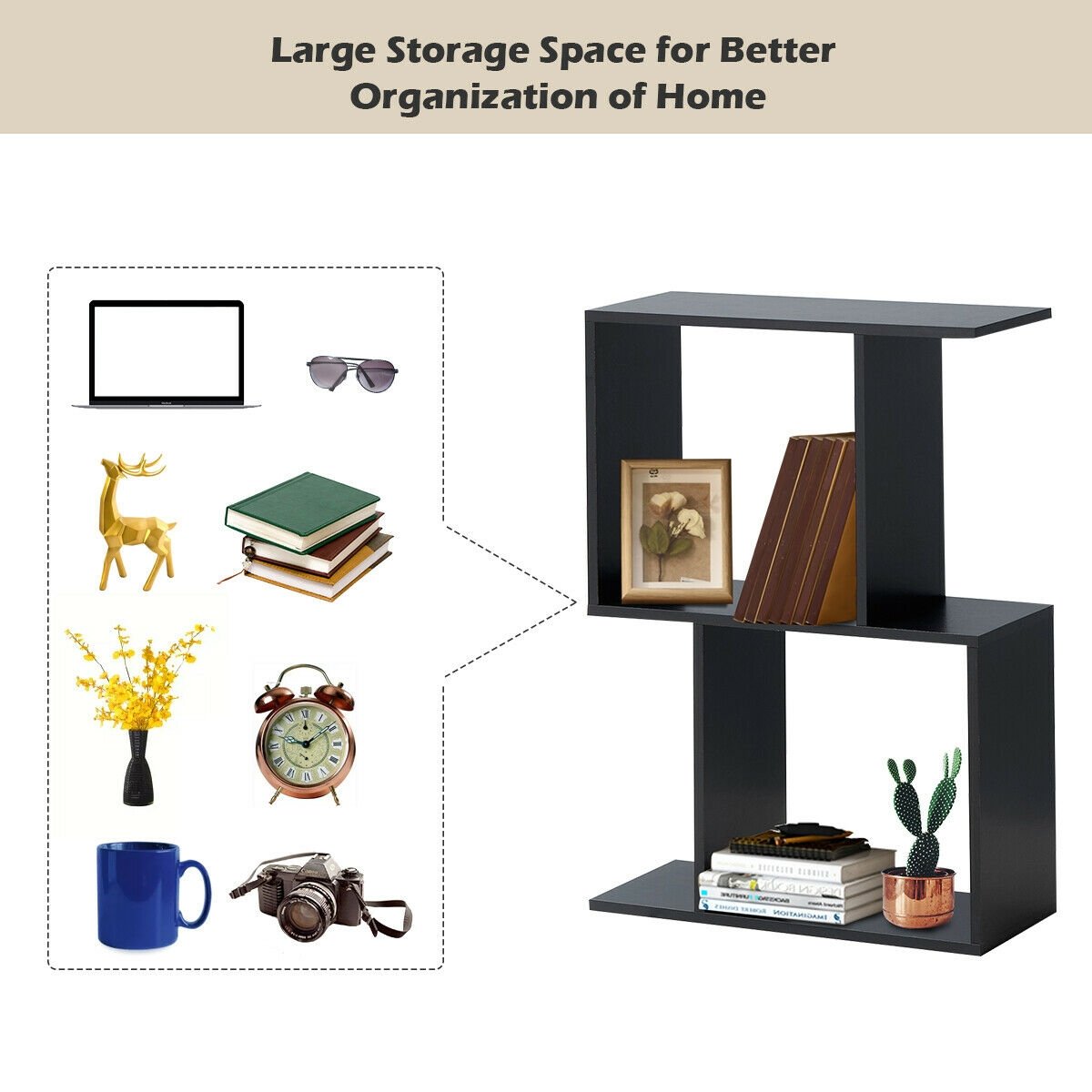 2/3/4 Tiers Wooden S-Shaped Bookcase for Living Room Bedroom Office-2-Tier Kids Crystal