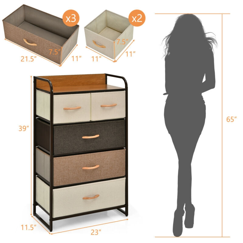 4-Tier Organizer Tower Steel Frame Wooden Top Storage with 5-Drawer Dresser-Muticolor Kids Crystal