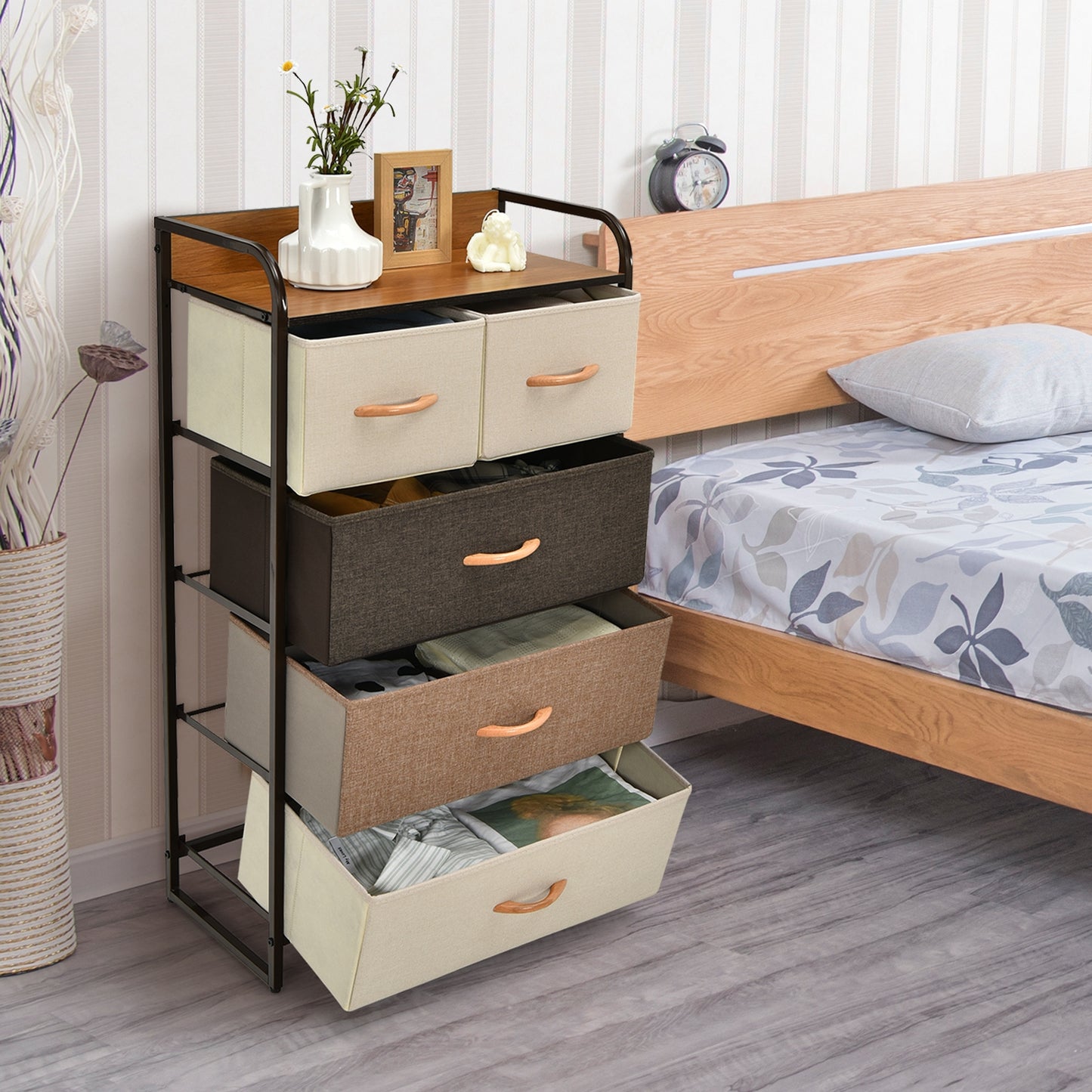 4-Tier Organizer Tower Steel Frame Wooden Top Storage with 5-Drawer Dresser-Muticolor Kids Crystal
