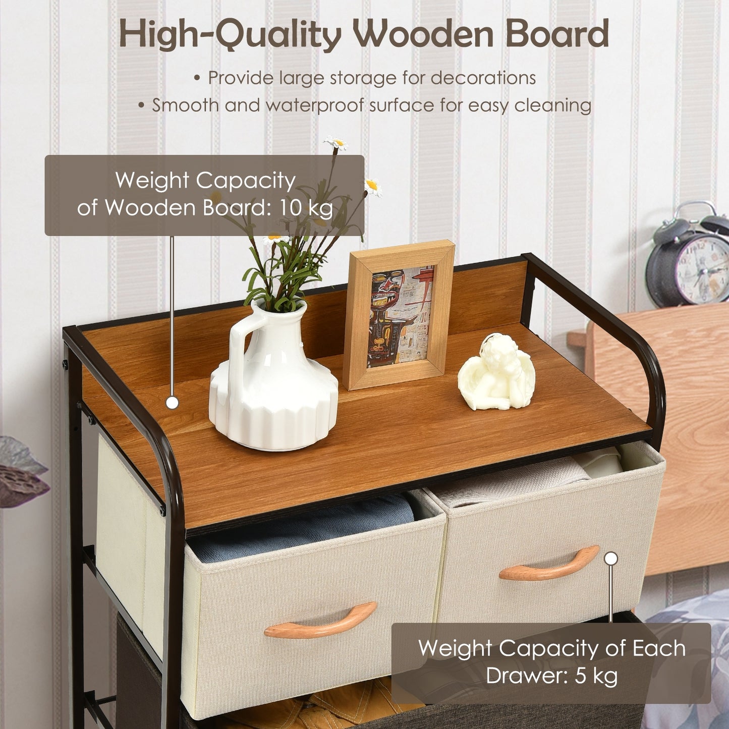 4-Tier Organizer Tower Steel Frame Wooden Top Storage with 5-Drawer Dresser-Muticolor Kids Crystal