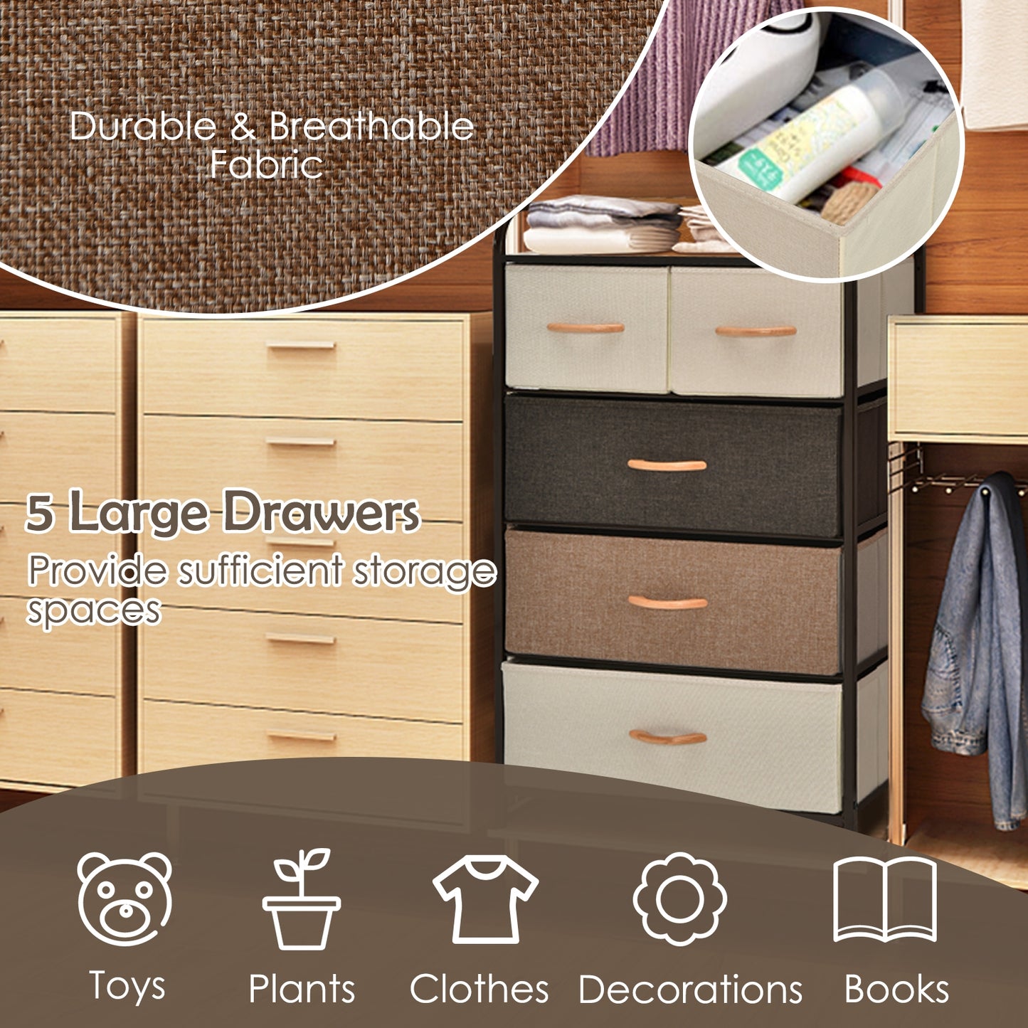 4-Tier Organizer Tower Steel Frame Wooden Top Storage with 5-Drawer Dresser-Muticolor Kids Crystal