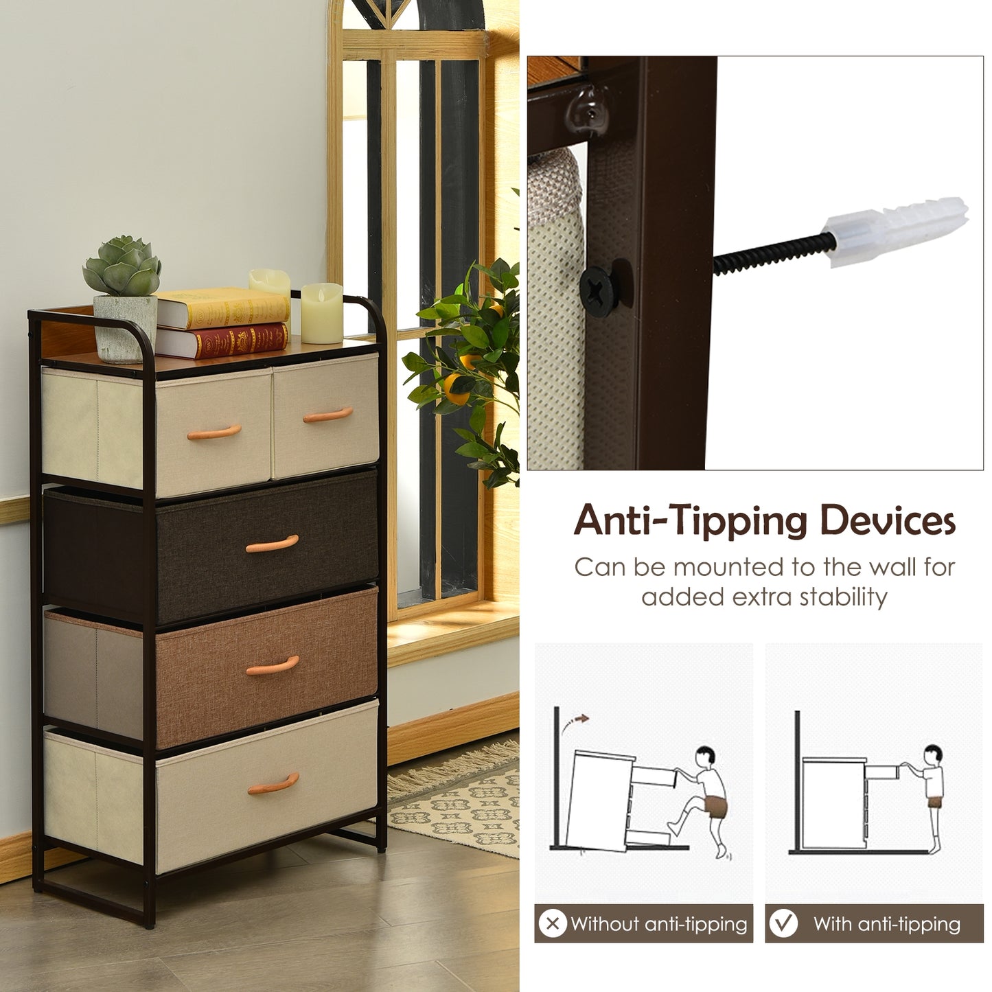 4-Tier Organizer Tower Steel Frame Wooden Top Storage with 5-Drawer Dresser-Muticolor Kids Crystal