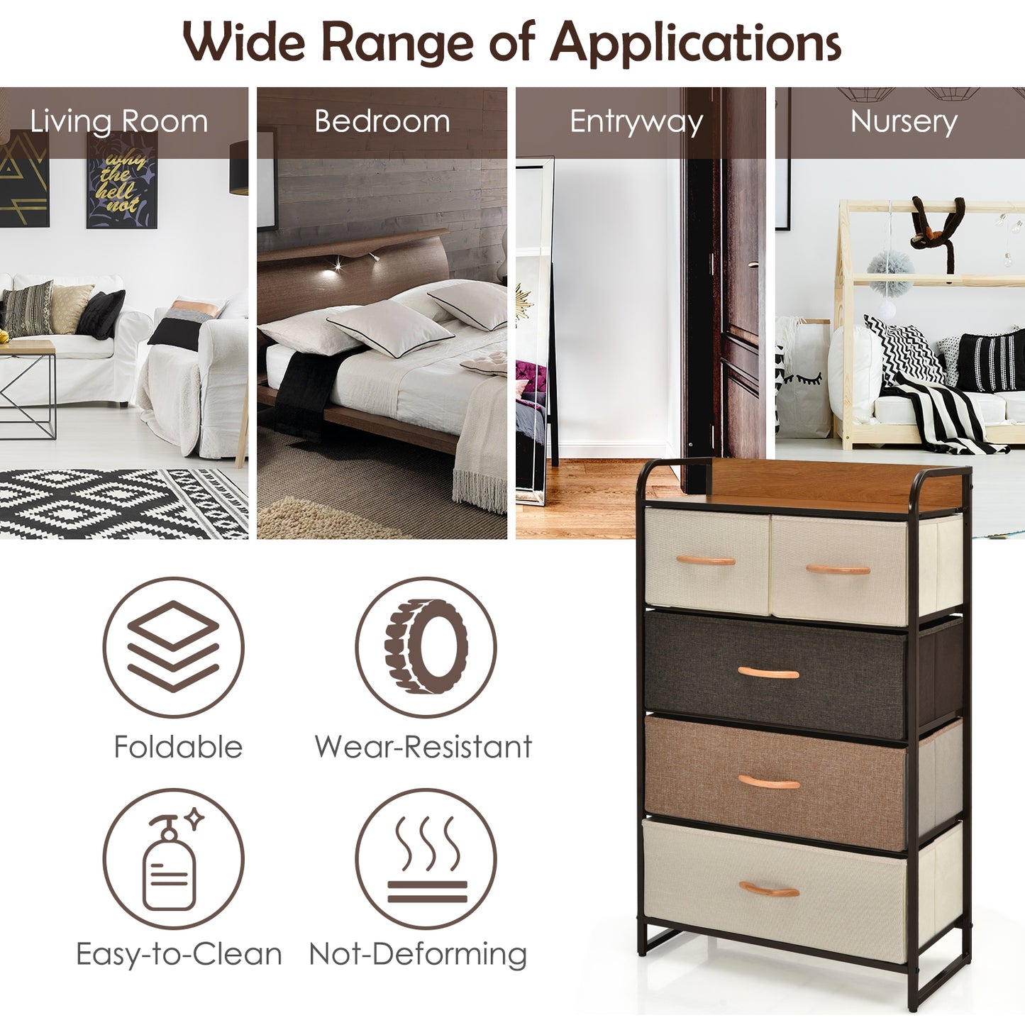 4-Tier Organizer Tower Steel Frame Wooden Top Storage with 5-Drawer Dresser-Muticolor Kids Crystal