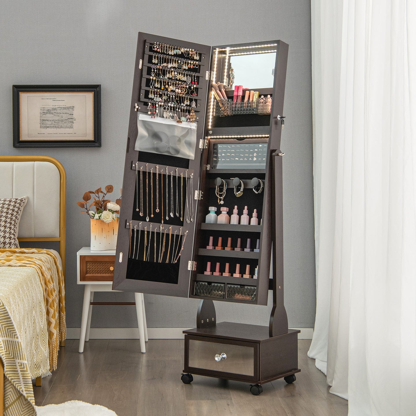47 Inch Lockable Jewelry Cabinet Armoire with 3-Color LED Lights-Brown Kids Crystal