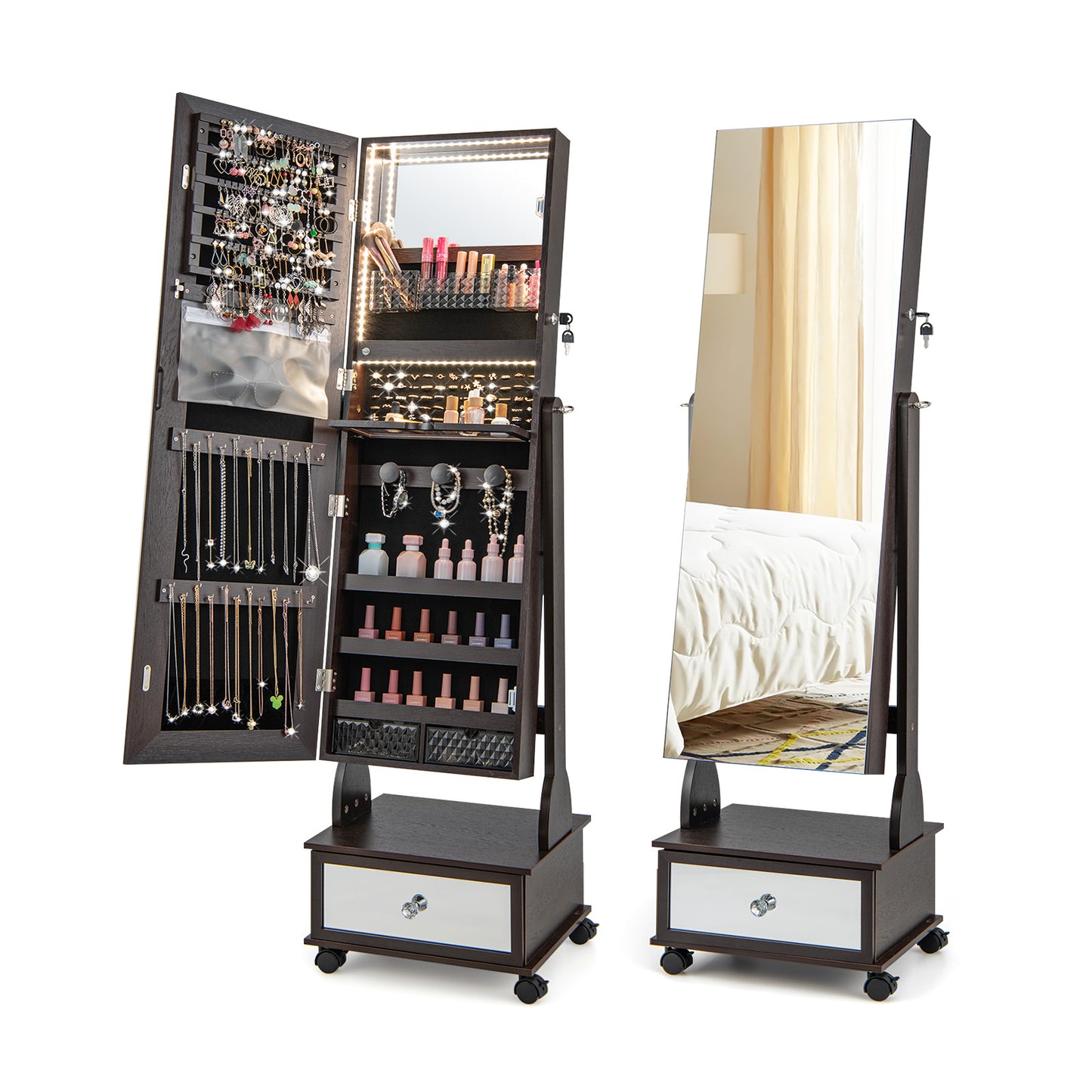 47 Inch Lockable Jewelry Cabinet Armoire with 3-Color LED Lights-Brown Kids Crystal