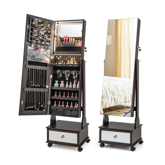 47 Inch Lockable Jewelry Cabinet Armoire with 3-Color LED Lights-Brown Kids Crystal