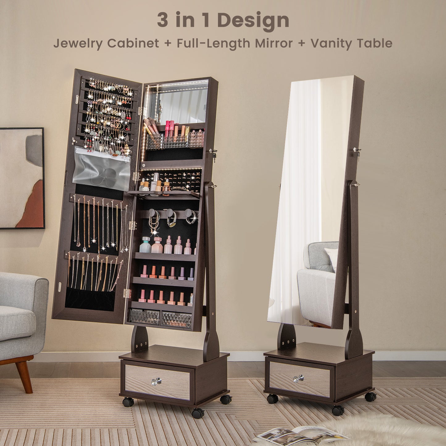 47 Inch Lockable Jewelry Cabinet Armoire with 3-Color LED Lights-Brown Kids Crystal