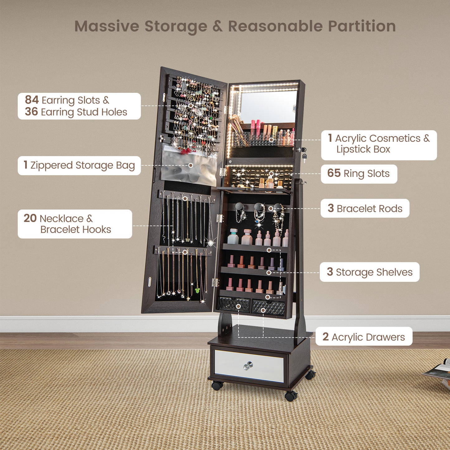47 Inch Lockable Jewelry Cabinet Armoire with 3-Color LED Lights-Brown Kids Crystal