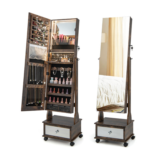 47 Inch Lockable Jewelry Cabinet Armoire with 3-Color LED Lights-Rustic Brown Kids Crystal