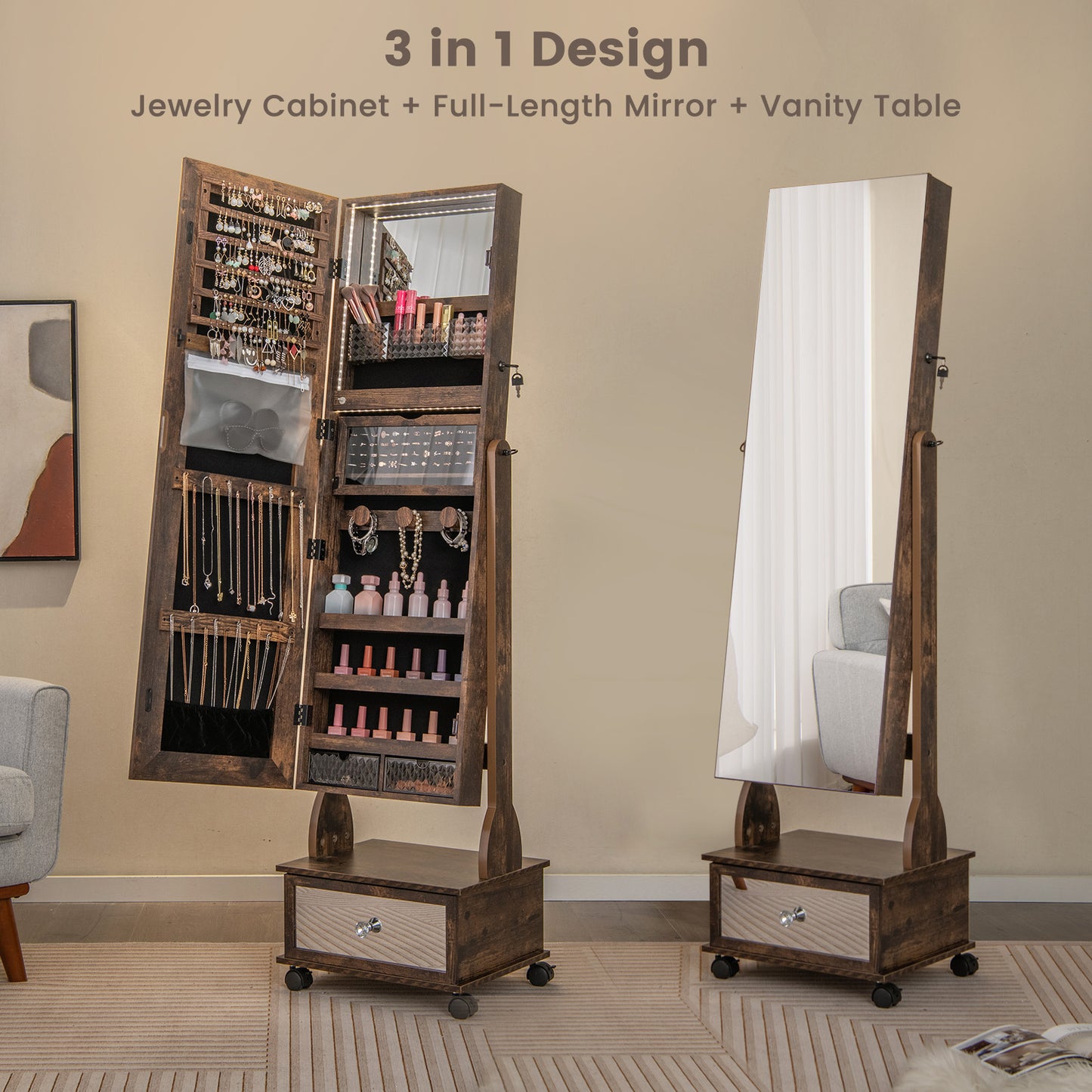 47 Inch Lockable Jewelry Cabinet Armoire with 3-Color LED Lights-Rustic Brown Kids Crystal