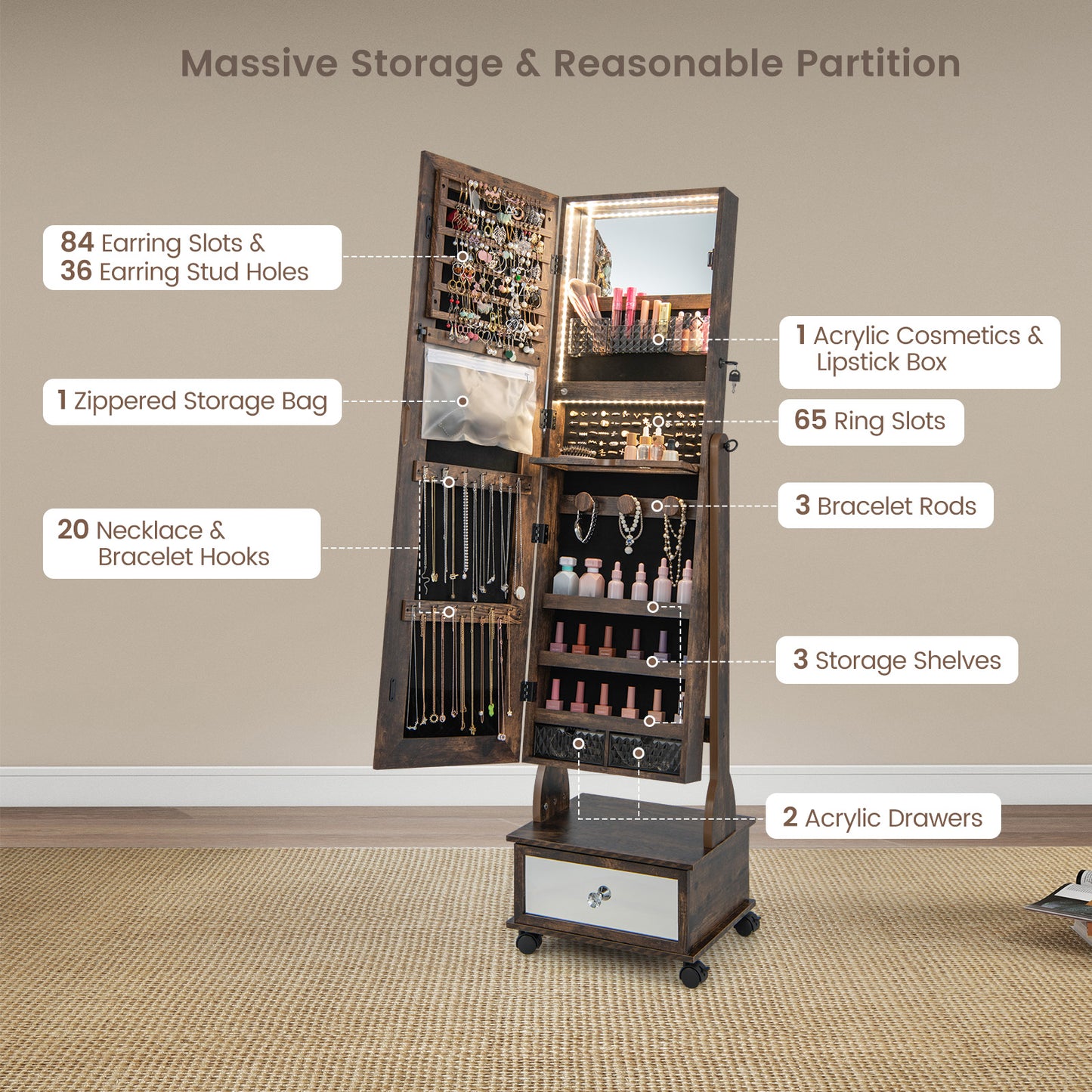 47 Inch Lockable Jewelry Cabinet Armoire with 3-Color LED Lights-Rustic Brown Kids Crystal