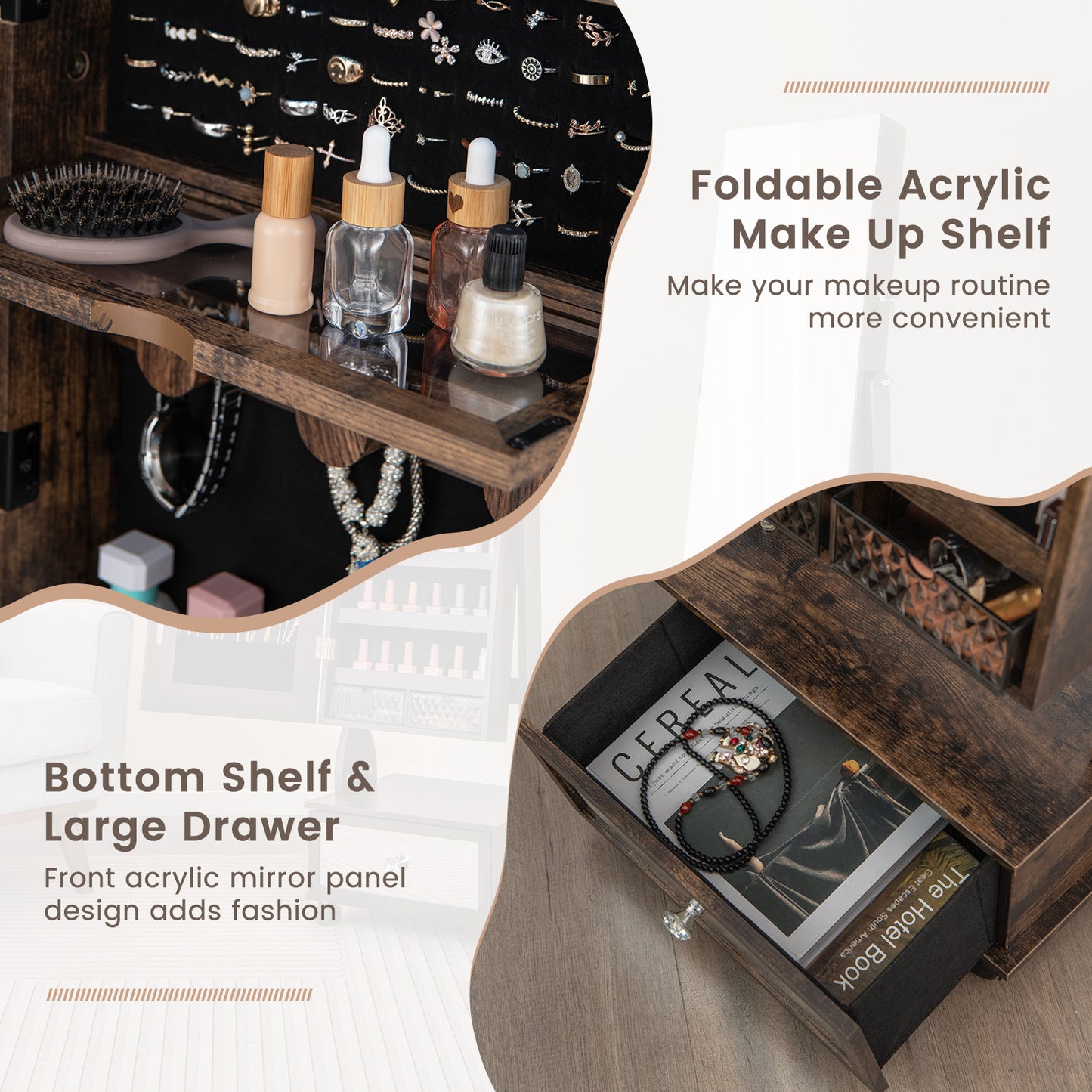 47 Inch Lockable Jewelry Cabinet Armoire with 3-Color LED Lights-Rustic Brown Kids Crystal