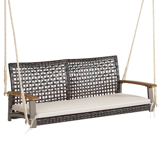 2-Person Rattan Hanging Porch Swing Chair-Off White Kids Crystal
