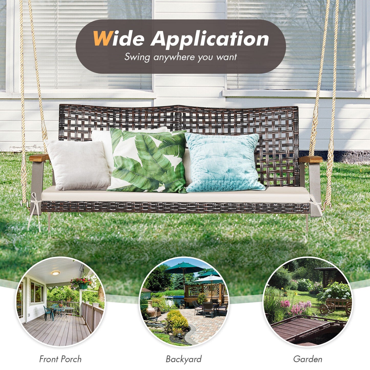 2-Person Rattan Hanging Porch Swing Chair-Off White Kids Crystal