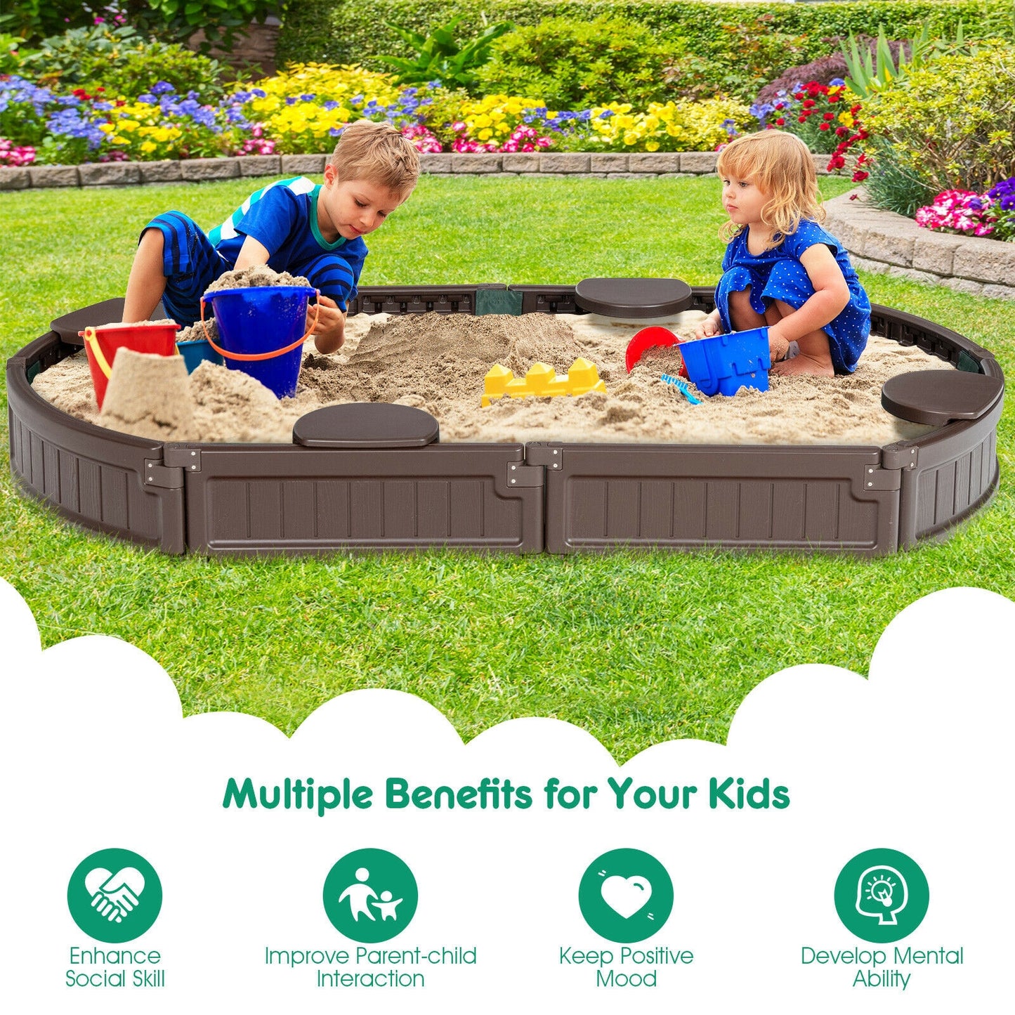 Sandbox with Built-in Corner Seat and Bottom Liner-Brown Kids Crystal
