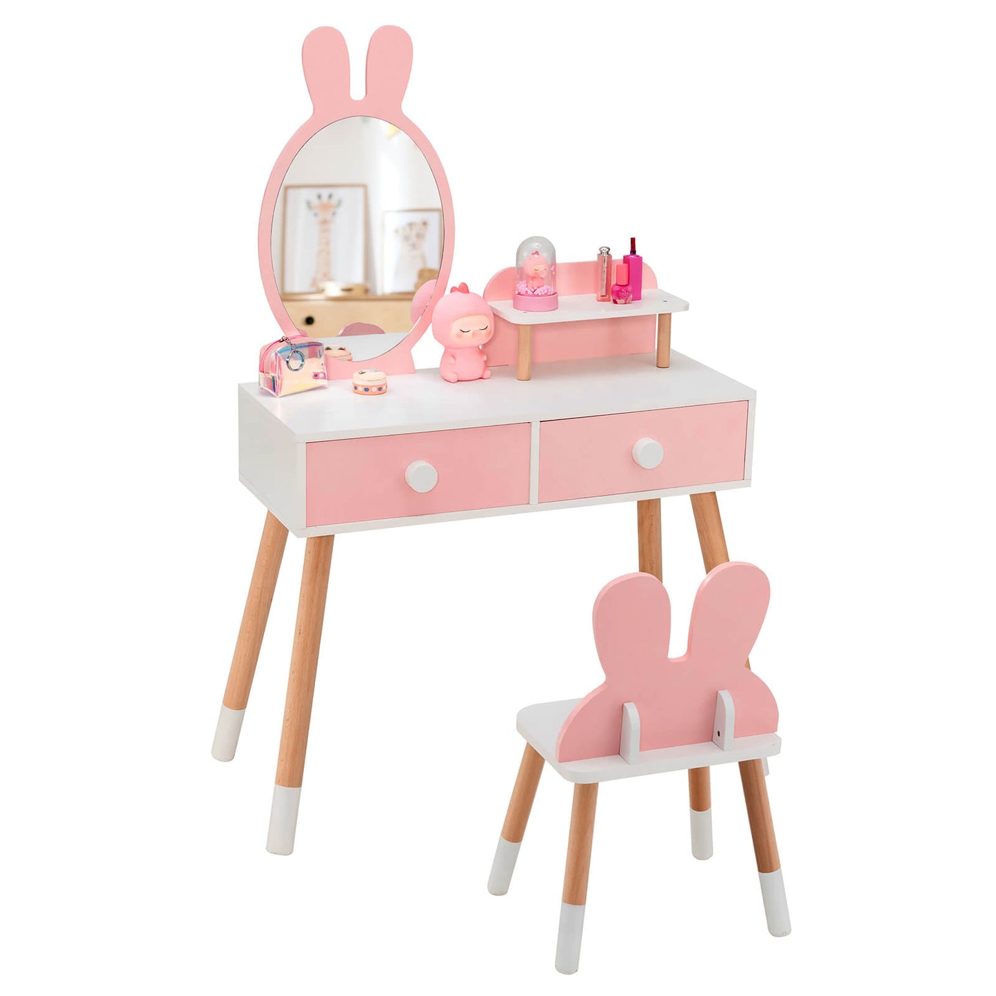 Kids Vanity Table and Chair Set with Drawer Shelf and Rabbit Mirror-Pink Kids Crystal