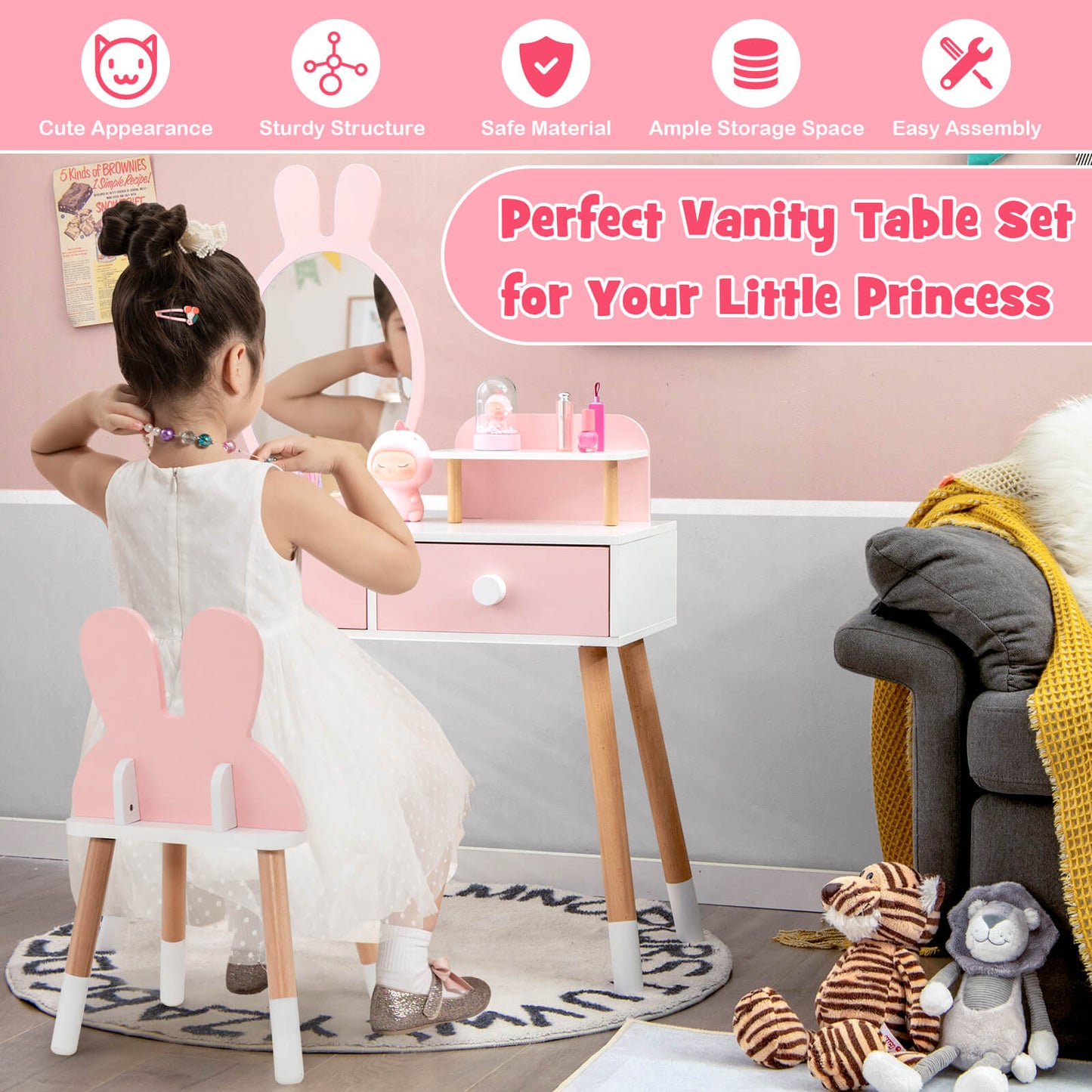 Kids Vanity Table and Chair Set with Drawer Shelf and Rabbit Mirror-Pink Kids Crystal