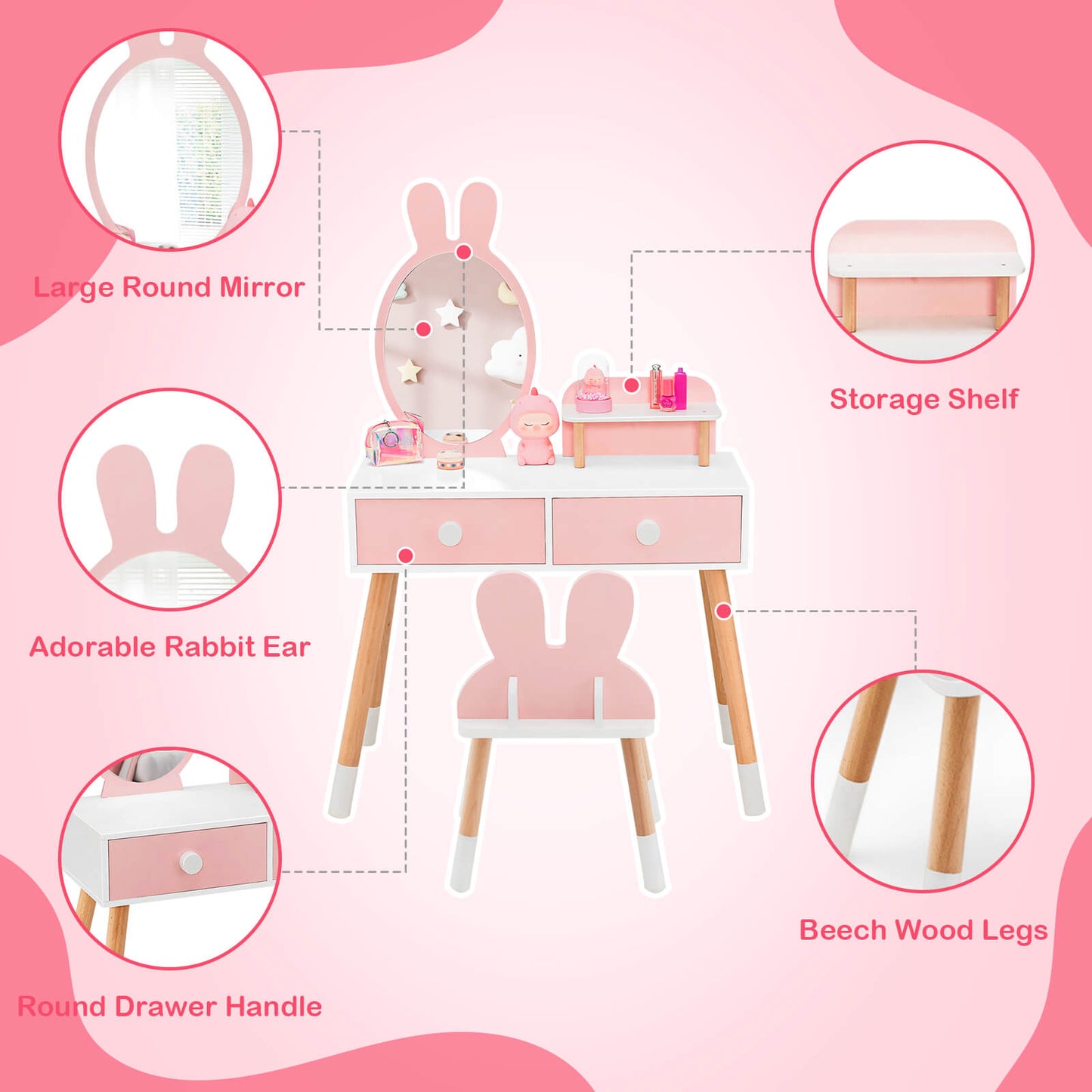 Kids Vanity Table and Chair Set with Drawer Shelf and Rabbit Mirror-Pink Kids Crystal