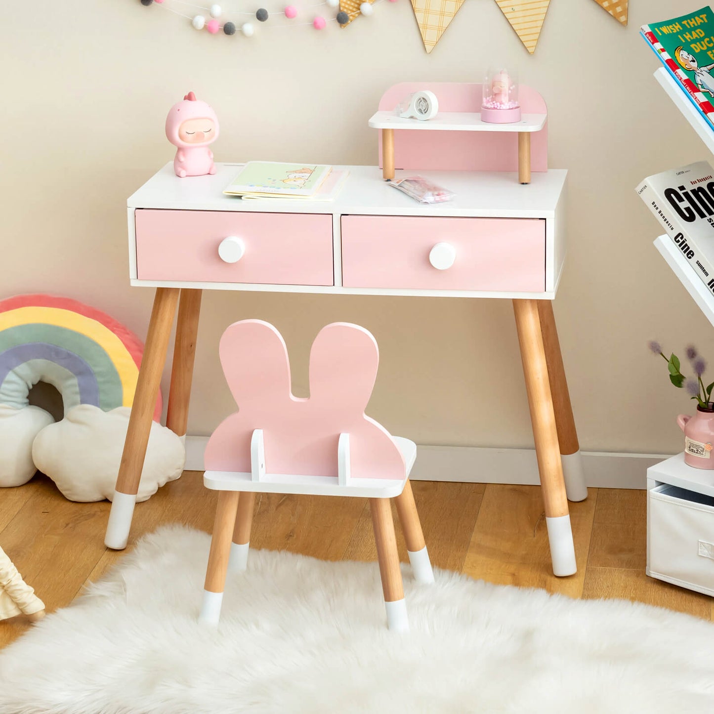Kids Vanity Table and Chair Set with Drawer Shelf and Rabbit Mirror-Pink Kids Crystal