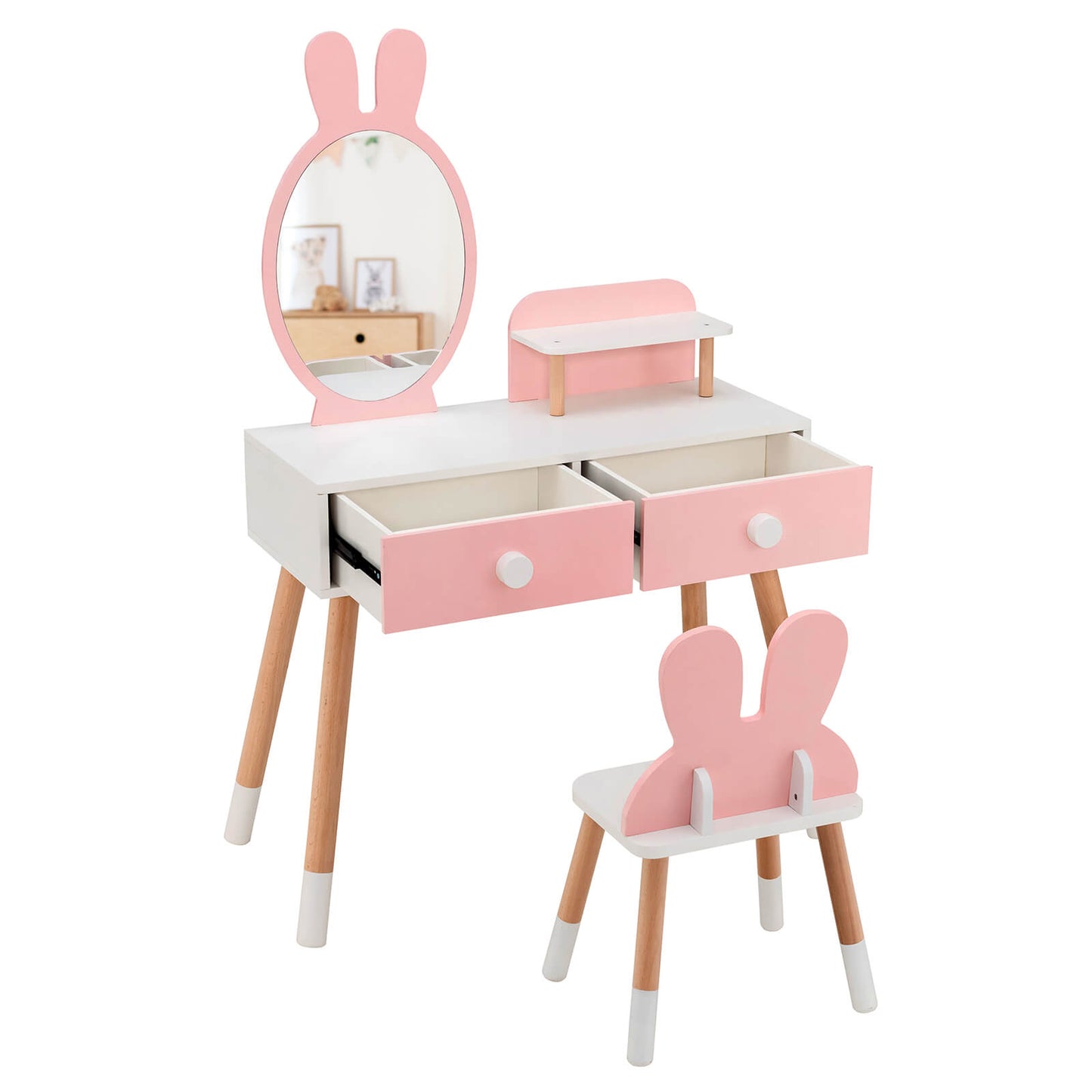 Kids Vanity Table and Chair Set with Drawer Shelf and Rabbit Mirror-Pink Kids Crystal