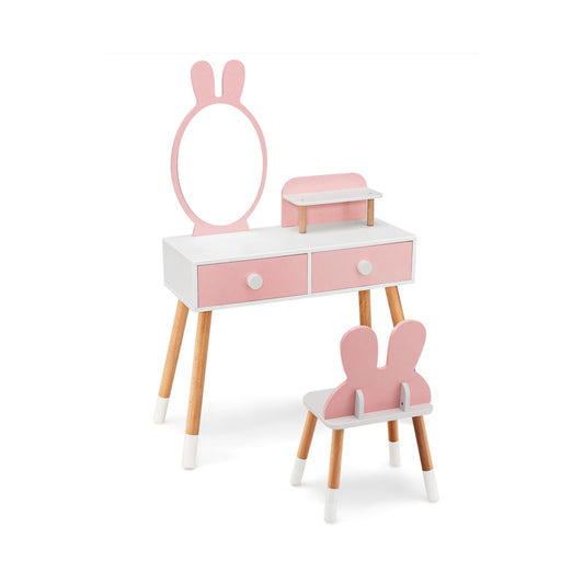 Kids Vanity Table and Chair Set with Drawer Shelf and Rabbit Mirror-Pink Kids Crystal