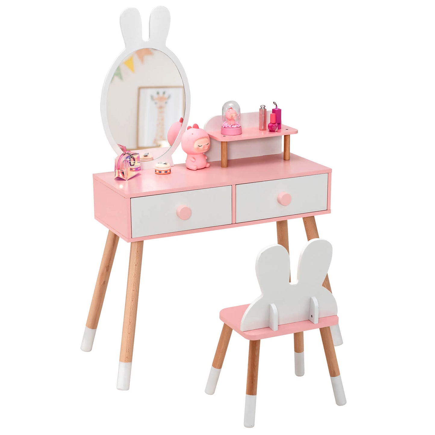Kids Vanity Table and Chair Set with Drawer Shelf and Rabbit Mirror-White Kids Crystal