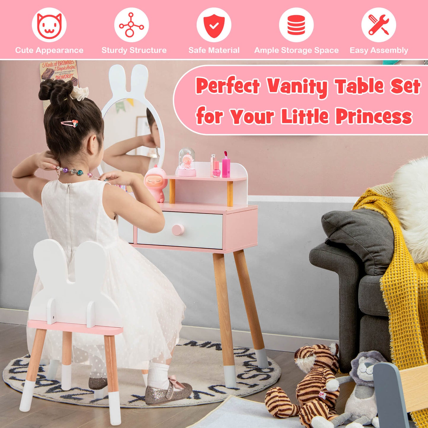 Kids Vanity Table and Chair Set with Drawer Shelf and Rabbit Mirror-White Kids Crystal