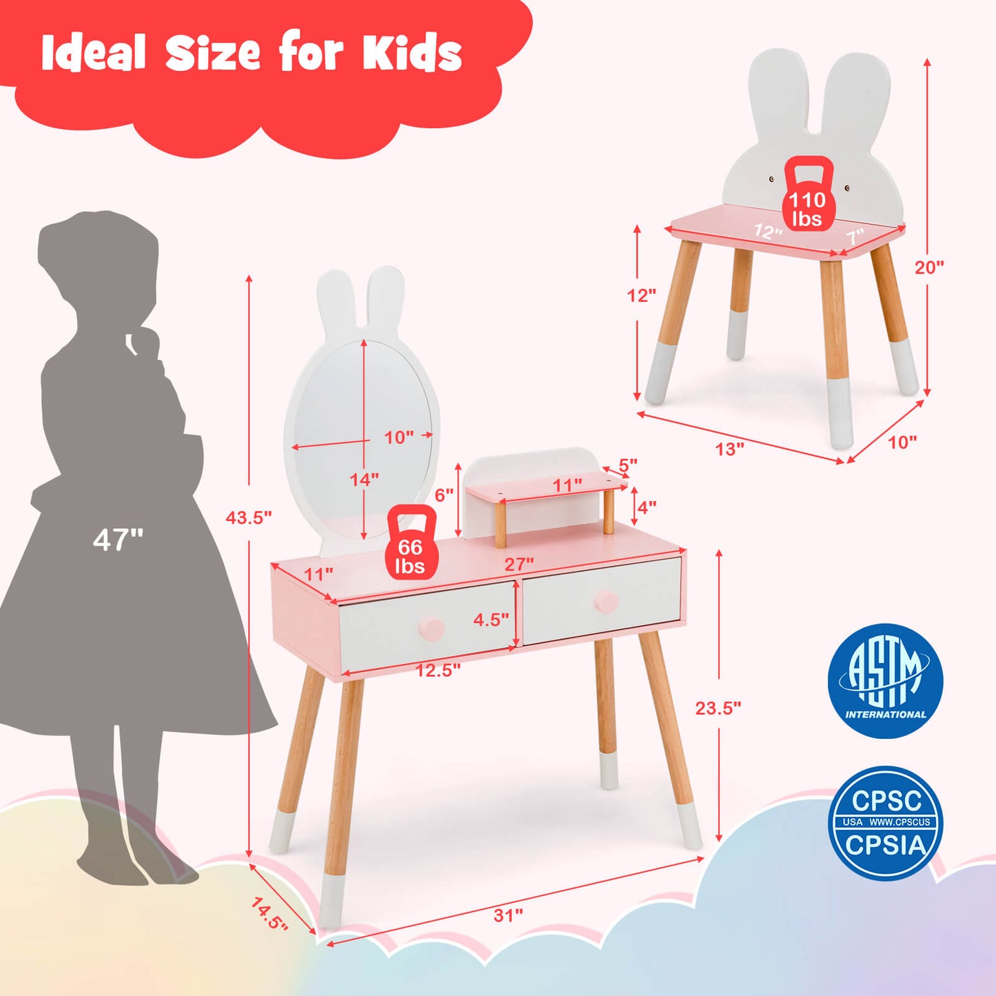 Kids Vanity Table and Chair Set with Drawer Shelf and Rabbit Mirror-White Kids Crystal