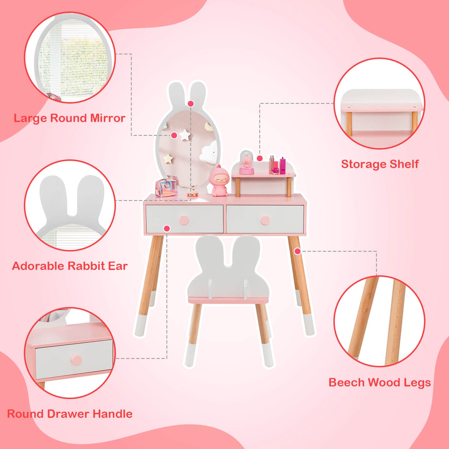 Kids Vanity Table and Chair Set with Drawer Shelf and Rabbit Mirror-White Kids Crystal