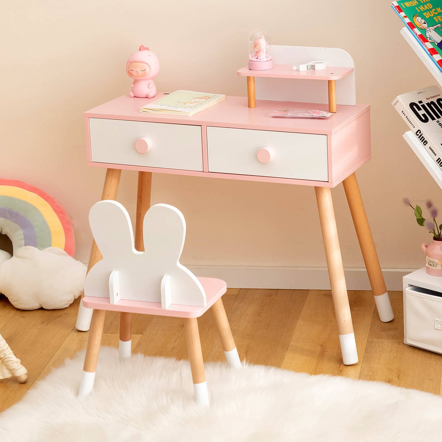 Kids Vanity Table and Chair Set with Drawer Shelf and Rabbit Mirror-White Kids Crystal