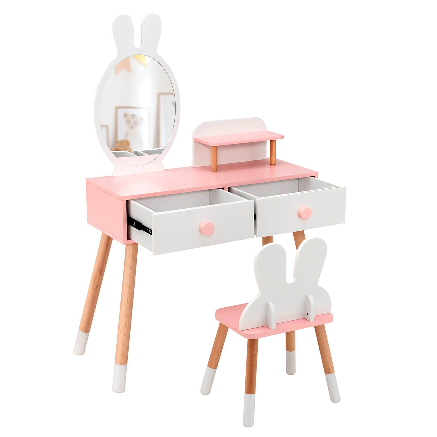 Kids Vanity Table and Chair Set with Drawer Shelf and Rabbit Mirror-White Kids Crystal