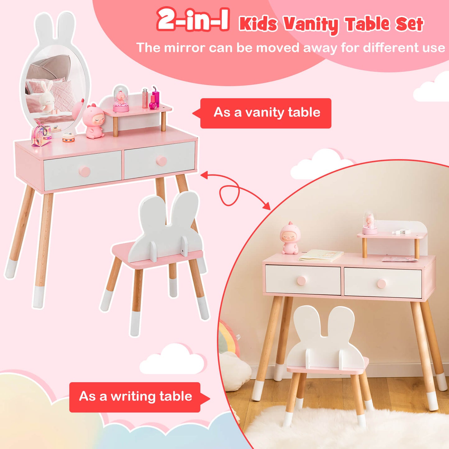 Kids Vanity Table and Chair Set with Drawer Shelf and Rabbit Mirror-White Kids Crystal
