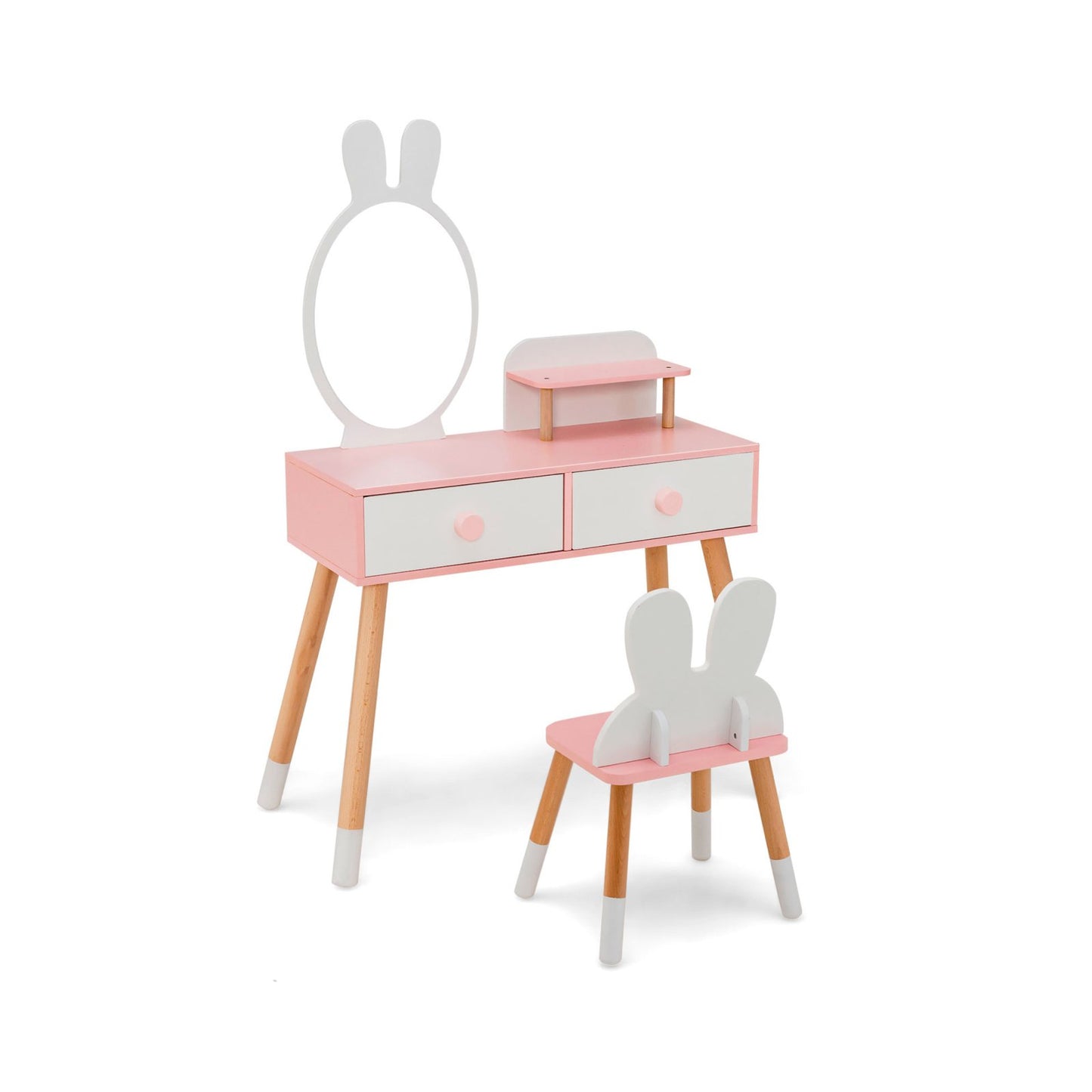 Kids Vanity Table and Chair Set with Drawer Shelf and Rabbit Mirror-White Kids Crystal