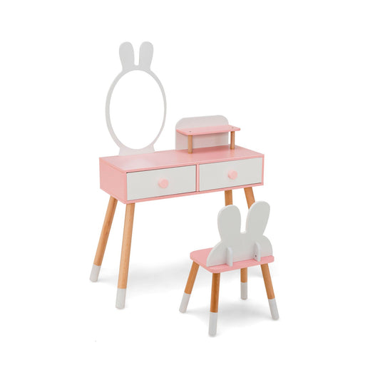 Kids Vanity Table and Chair Set with Drawer Shelf and Rabbit Mirror-White Kids Crystal