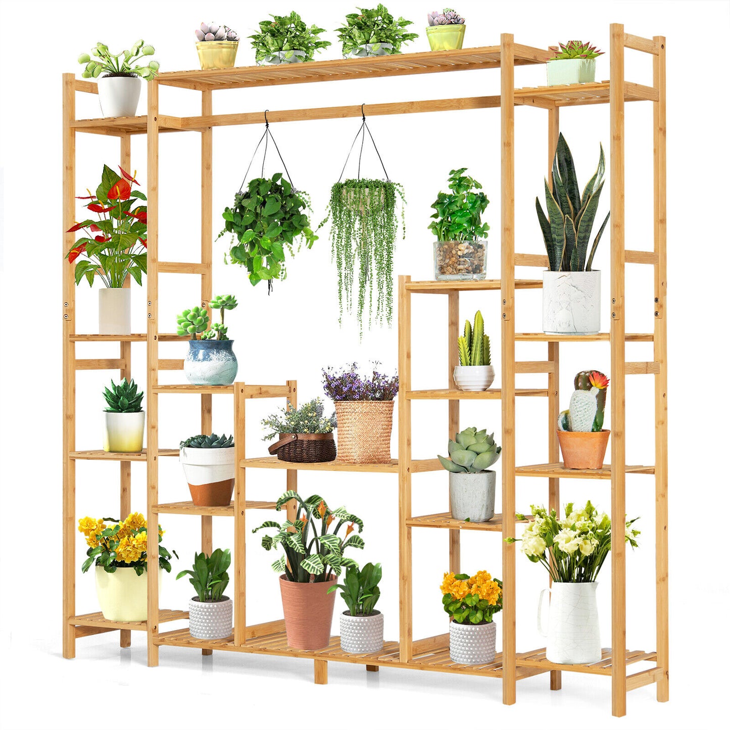 9-Tier Bamboo Plant Stand with Hanging Rack Kids Crystal