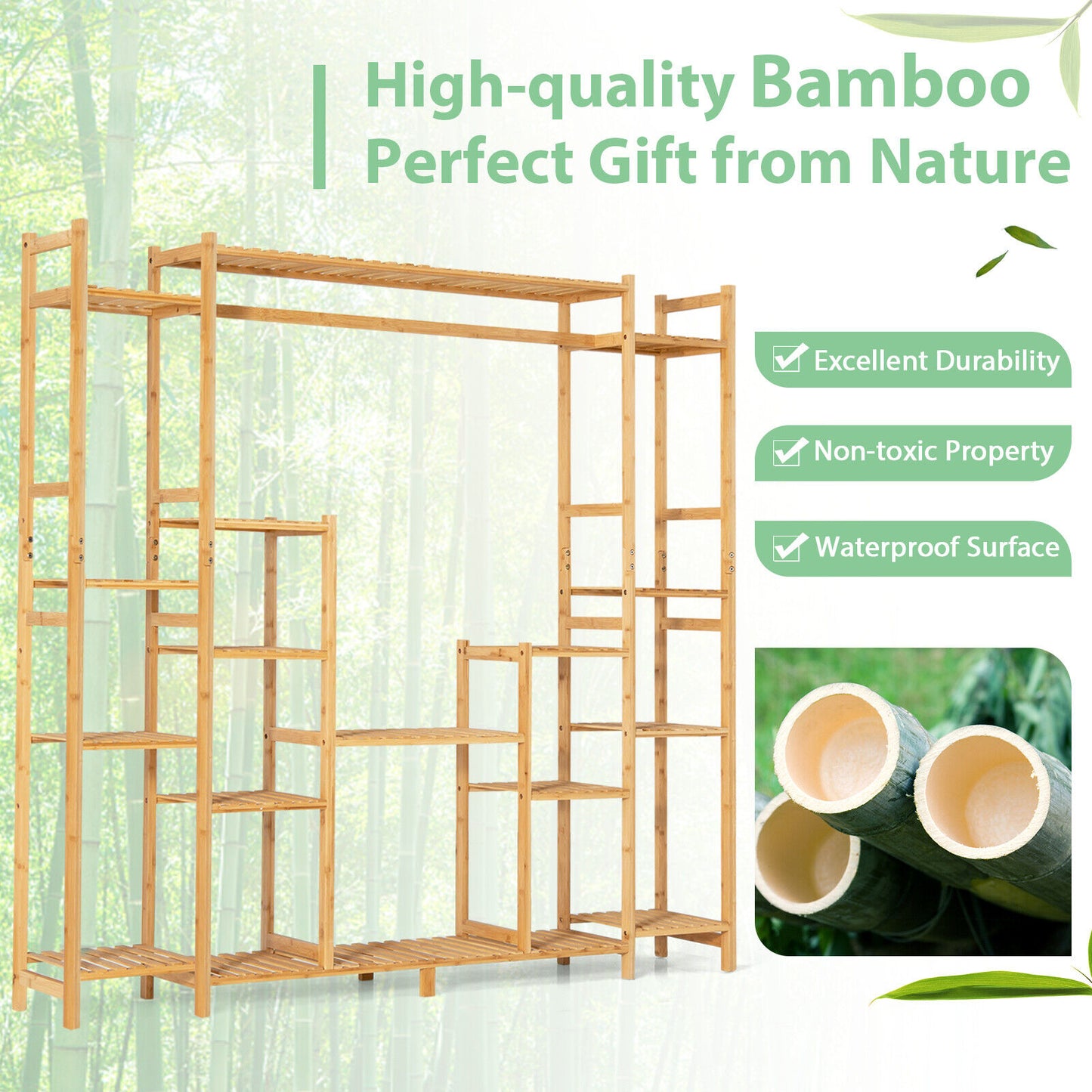 9-Tier Bamboo Plant Stand with Hanging Rack Kids Crystal