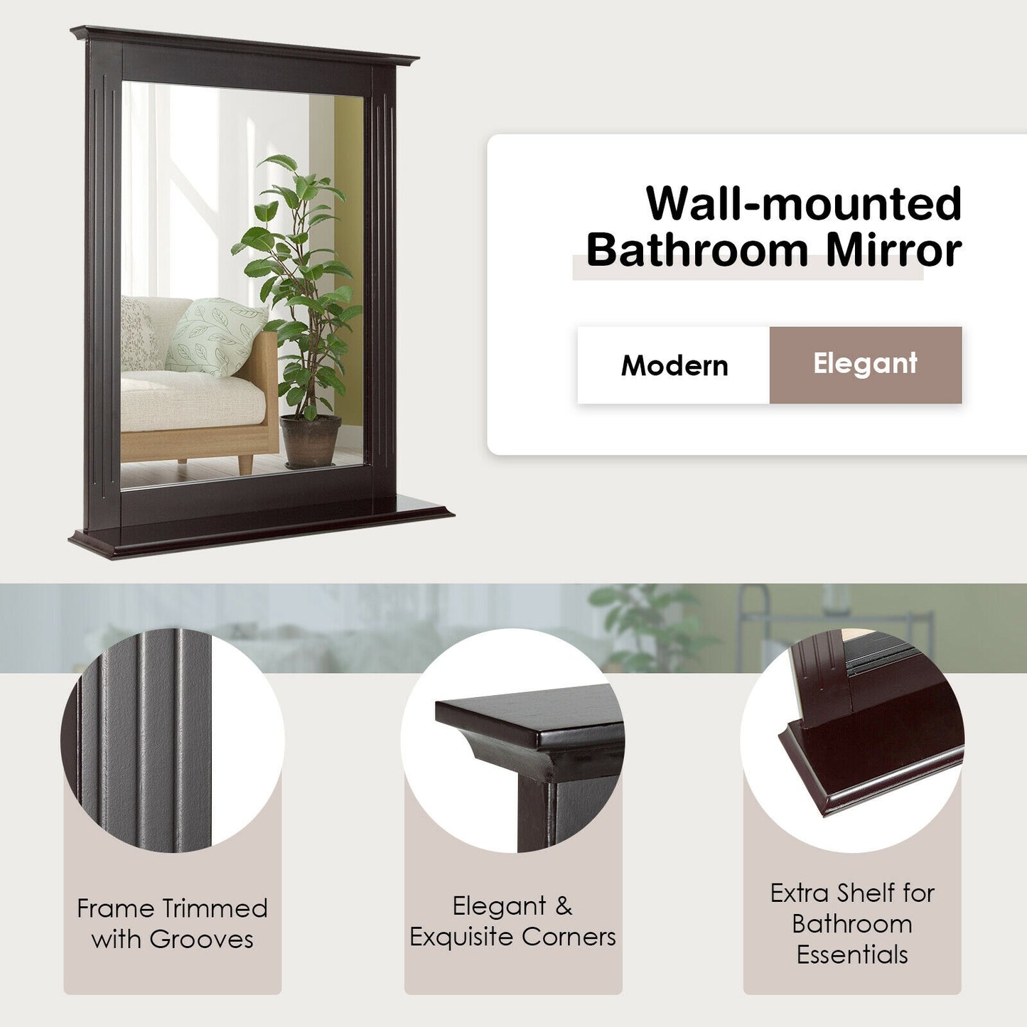 Wall-Mounted Multipurpose Vanity Mirror with Shelf-Brown Kids Crystal