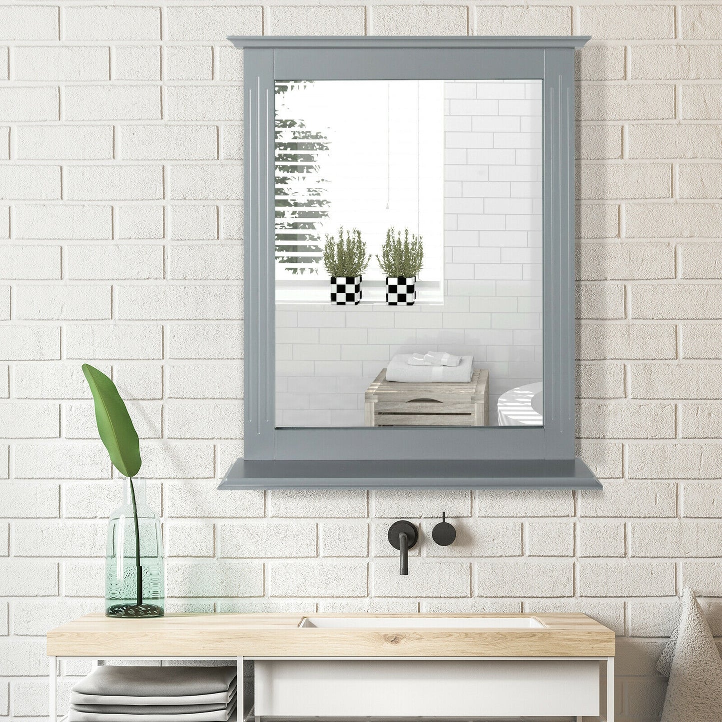 Wall-Mounted Multipurpose Vanity Mirror with Shelf-Gray Kids Crystal