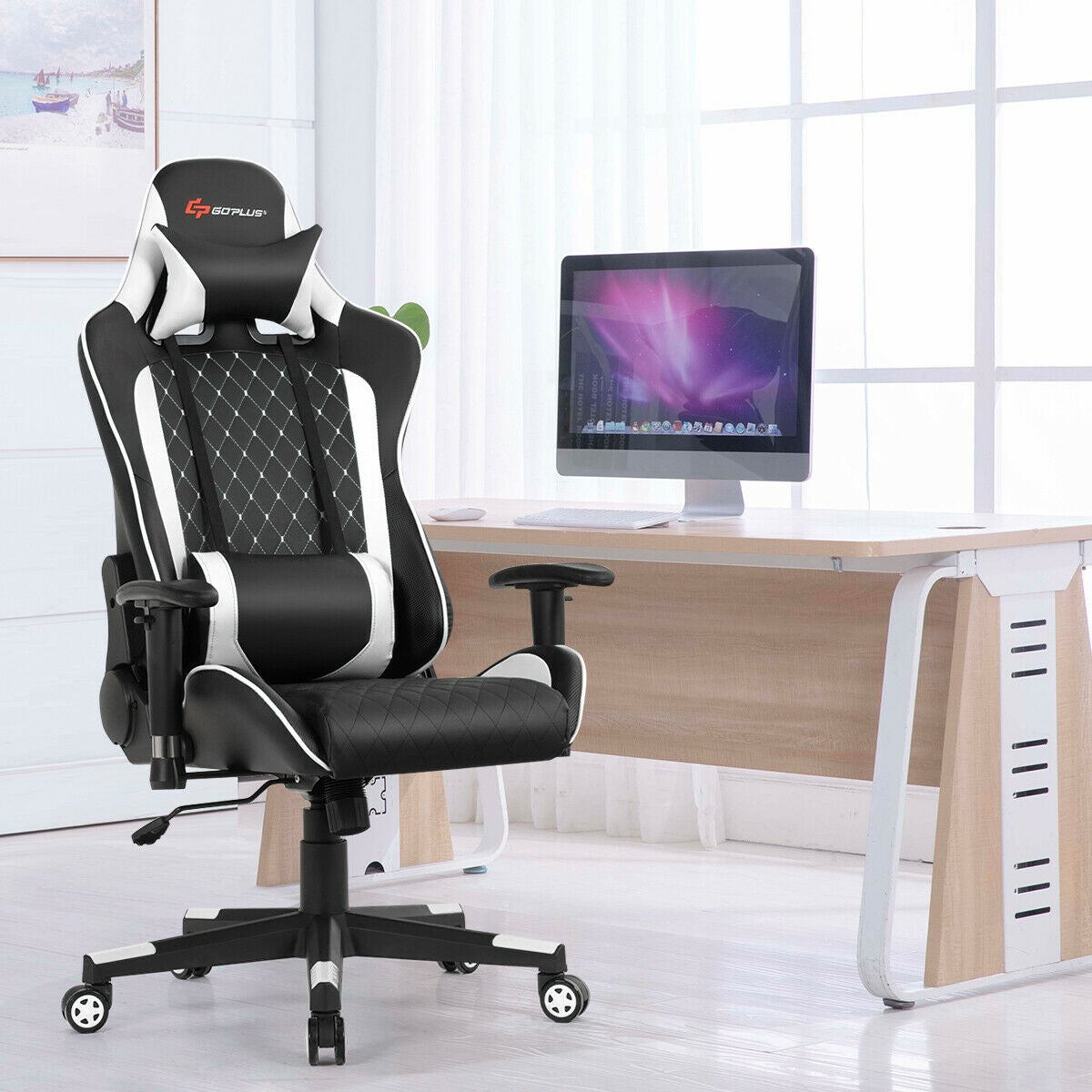 Massage Gaming Chair with Lumbar Support and Headrest-White Kids Crystal