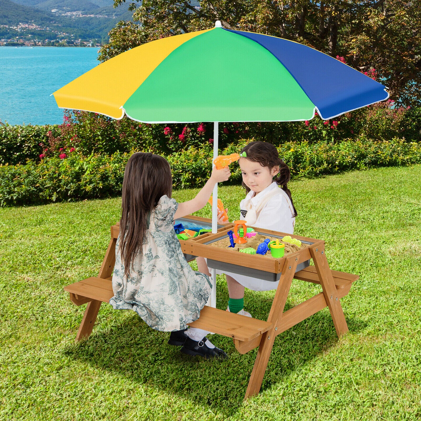 3-in-1 Kids Outdoor Picnic Water Sand Table with Umbrella Play Boxes-Yellow Kids Crystal