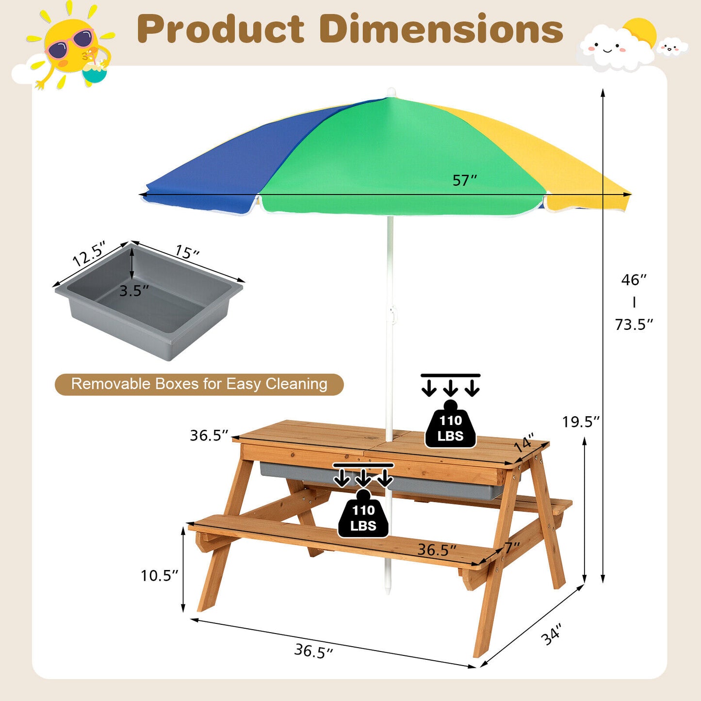 3-in-1 Kids Outdoor Picnic Water Sand Table with Umbrella Play Boxes-Yellow Kids Crystal